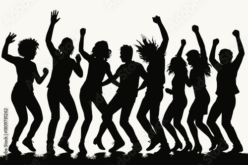 Silhouettes of a lively group dancing energetically against a bright white background