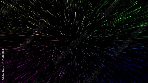 3D Warp Speed Animation of Yellow, Green, blue, Violet lights through space