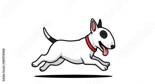 Cartoon Bull Terrier Dog Running with Tongue Out, Red Collar, Isolated on White Background, Simple Illustration