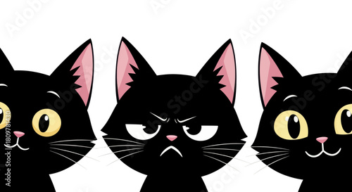 A vector graphic collection featuring three expressive black cat heads. A grumpy, angry cat is centered between two happy, smiling felines