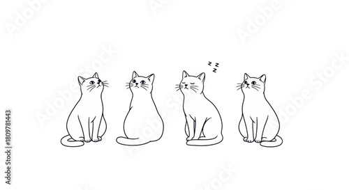 A charming group of four cute cartoon cats sitting in a row. Minimalist line art vector illustration with no background and copy space