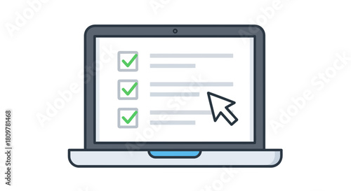 A vector illustration of a laptop showing a completed online survey with green checkmarks, representing successful task completion