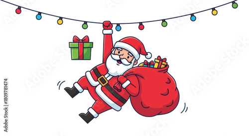 Festive Santa Claus Swinging with Gifts and a Gift Box, Holiday Celebration Cartoon Illustration, Christmas Cheer