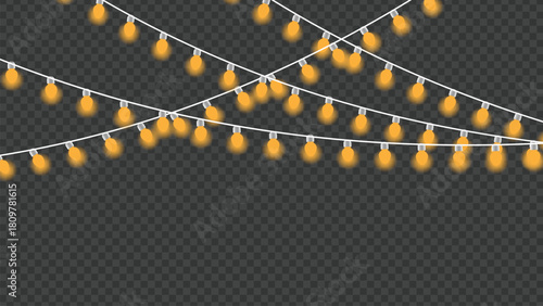 Glowing yellow string lights with multiple bulbs in decorative strands, casting a warm and festive glow, ideal for holiday celebrations, party decor, and event backdrops