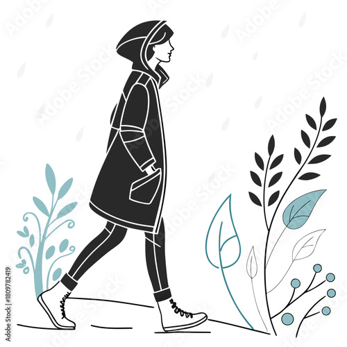Woman in raincoat walking in the rain with plants isolated on