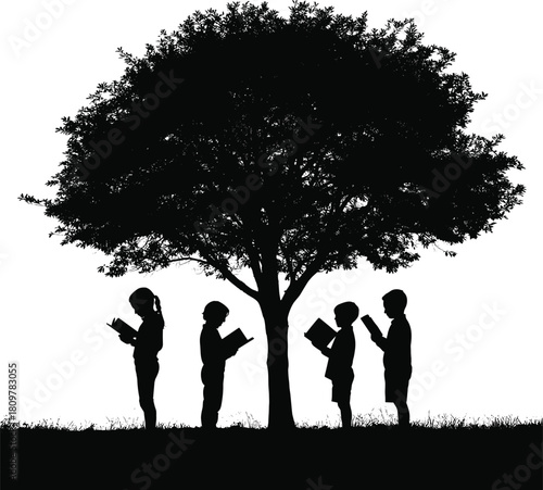 Children silhouetted under a large tree reading books outdoors
