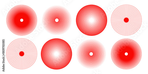 Red concentric ripple circles set. Sonar or sound wave rings collection. Epicentre, target, radar icon concept. Radial signal or vibration elements. line vector illustration