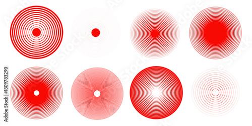 Red concentric ripple circles set. Sonar or sound wave rings collection. Epicentre, target, radar icon concept. Radial signal or vibration elements. line vector illustration
