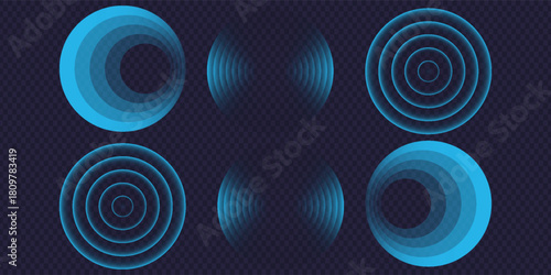 Sound wave. Signal concentric circle. Round light effect. Wifi range. Radio station signal. Water ripple with circle waves. A place or a painful point. Radar screen. Vector effect.