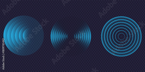 Sound wave. Signal concentric circle. Round light effect. Wifi range. Radio station signal. Water ripple with circle waves. A place or a painful point. Radar screen. Vector effect.