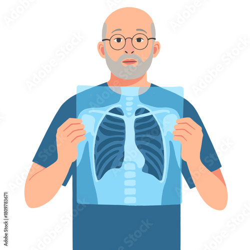 Elderly man holding x-ray. Senior showing chest x-ray. Doctor examining x-ray result. Older patient reviewing diagnosis. Elderly set