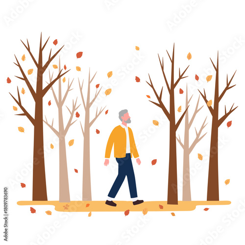 Elderly man walking alone. Senior silhouette at sunset. Older person on quiet path. Elderly walking in solitude. Elderly set