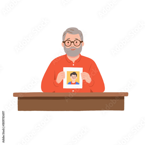 Elderly man with framed photo. Senior looking at old picture. Older man remembering loved ones. Elderly nostalgic moment at home. Elderly set