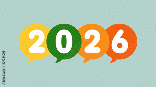 Colorful 2026 new year design with speech bubbles, perfect for social media posts and digital greetings, conveying a cheerful and modern message