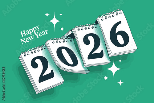 Festive 2026 new year greeting card with calendar pages and sparkling stars on a vibrant green background, symbolizing hope and fresh beginnings