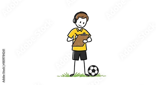 Cartoon soccer coach with clipboard and ball on grass.