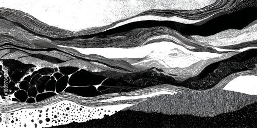 Abstract natural rock formation backdrop with stratified stone .surface grungy black rugged geological structure background design .