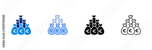 Money Bag Icon Set With Euro Currencies