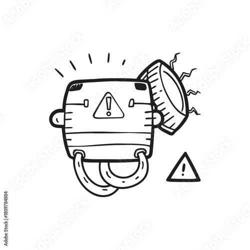 Cartoon robot with a warning sign and a detached wheel isolated on white background