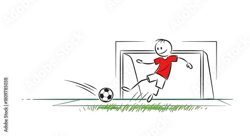 Stick Figure Soccer Player Kicking Ball into Goal Illustration.