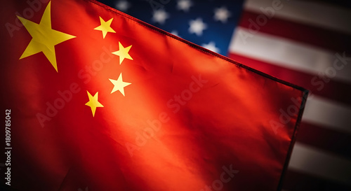 A close up of the flags of china and the united states of america in a blurred background