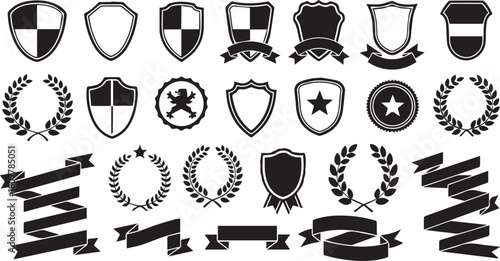 Retro Vector Collection of Heraldic Crests, Shields, Laurel Wreaths, and Ribbon Banners isolated PNG with Transparent Background