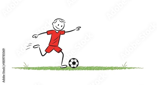 Stick Figure Soccer Player Kicking Ball on Green Field.