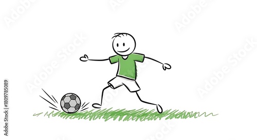 Stick Figure Soccer Player Kicking Ball on Green Field.