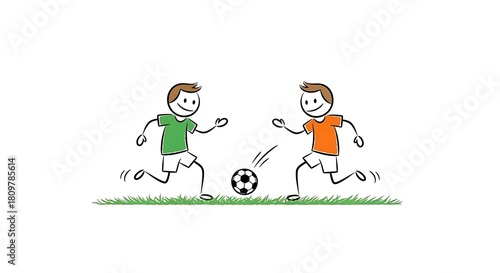 Two stick figures playing soccer on a green field.