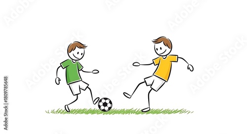 Two Stick Figures Playing Soccer on a White Background.