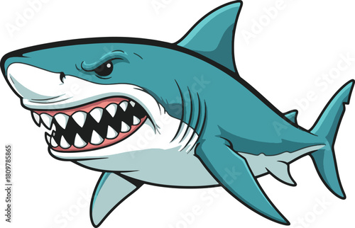 Cartoon illustration of an angry shark with sharp teeth 