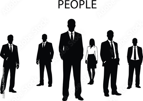 Business team silhouettes standing together, corporate group illustration isolated on white, professional men and woman wearing suits, executive leadership concept.