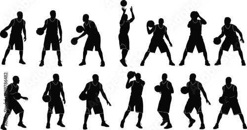 Collection of black silhouettes of basketball players in action, including dribbling and shooting poses, isolated on a white background.