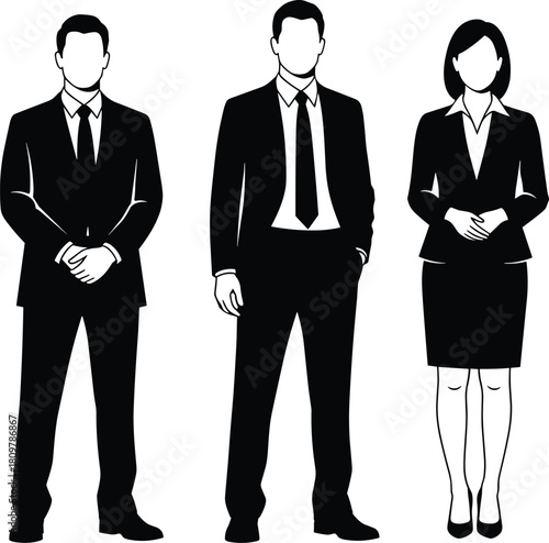 Corporate business team standing, two men and one woman wearing suits, professional staff vector illustration, executive group, black and white art