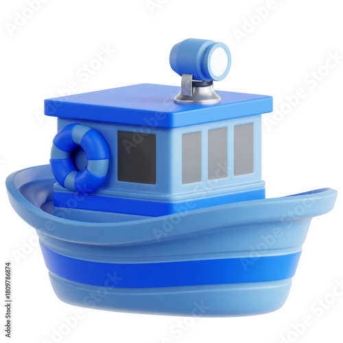 A stylized 3D cartoon model of a blue and white fishing boat with a life preserver