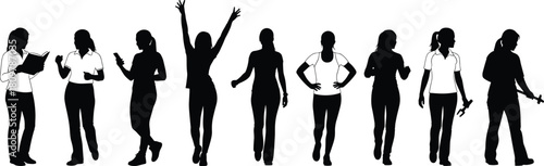Diverse women silhouettes representing various careers and lifestyles, female professions vector illustration isolated on white, education, fitness and labor.