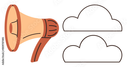 Loudspeaker emitting sound alongside two cloud outlines. Ideal for communication, voice sharing, collaboration, technology, cloud solutions, digital connectivity, social interaction. Simple flat