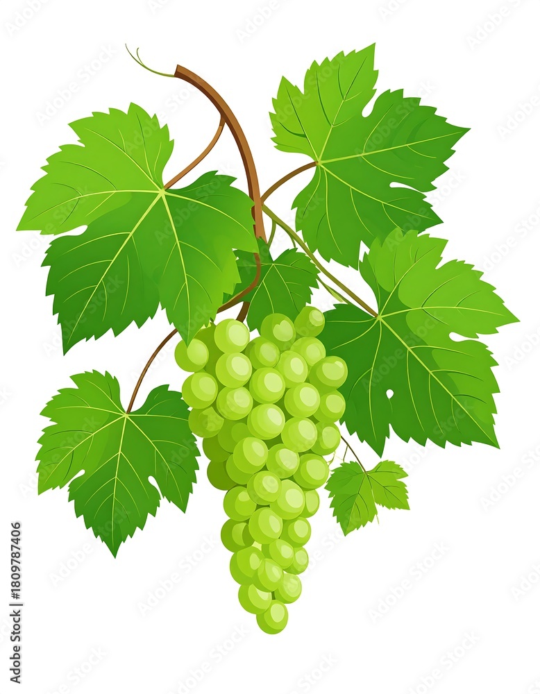 Obraz premium Fresh Green Grapes on Vine with Leaves - A Vibrant Still Life.