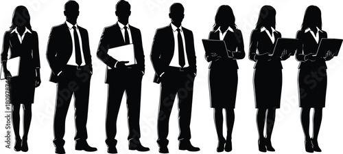 Group of corporate business people silhouettes, men and women in suits holding laptops, professional team vector illustration, standing row, formal attire