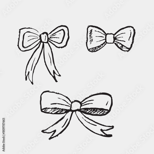 Hand drawn ribbon bows. Vector sketch illustration in vintage crayon charcoal style Holiday decorations, party accessories