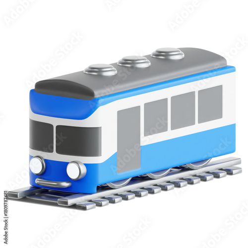 Blue and White Toy Train on Railroad Tracks 3D Render
