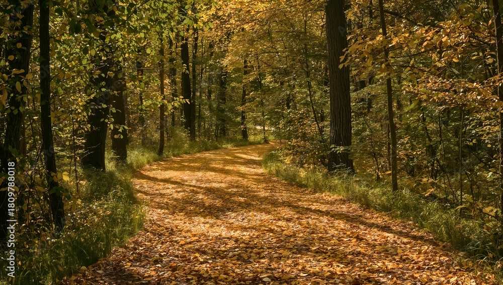 Obraz premium A forest path carpeted with yellow and orange autumn leaves, with dappled sunlight filtering through the trees. A tranquil, seasonal landscape for a peaceful nature walk.