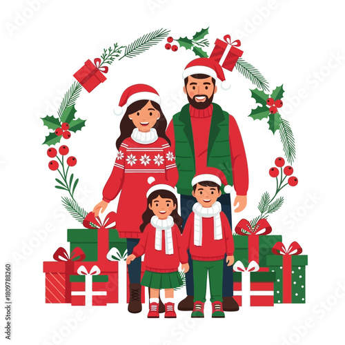 Festive family illustration celebrating Christmas with cheerful decorations and gifts adorning the