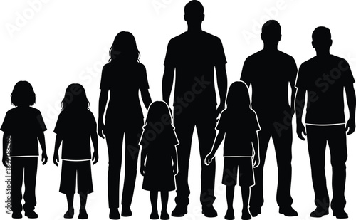 Large family silhouette standing together, parents with children group, extended family members, vector illustration, black and white figures, community concept