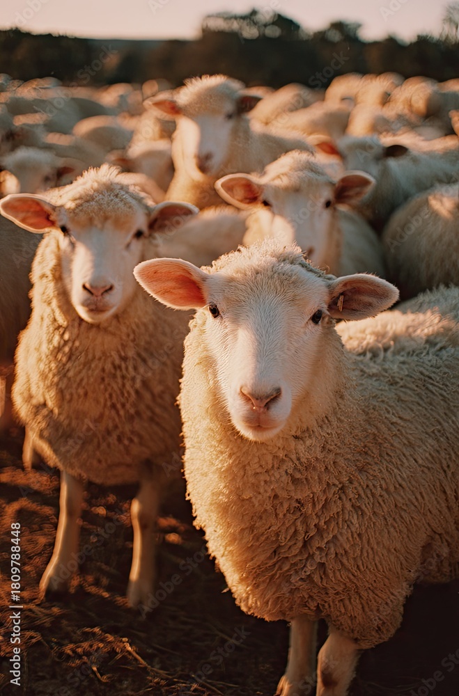 Fototapeta premium Close up of sheep in a group warm tones and sunlight