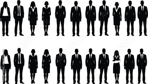 Large group of business people silhouettes standing in rows, men and women in suits, corporate team vector illustration, professional staff collection