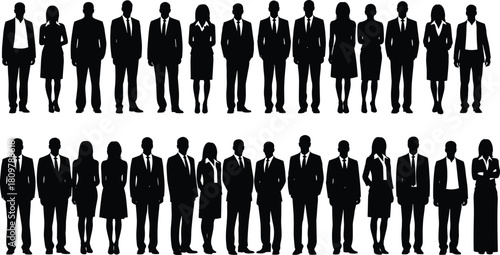 Large group of business people silhouettes standing in two rows, men and women in suits, corporate team vector illustration, professional staff