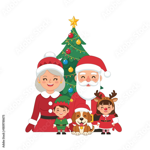 Festive holiday gathering of santa, mrs claus, elves, reindeer girl and dog with christmas tree