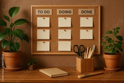 Organized Workspace with To-Do Board and Green Plants