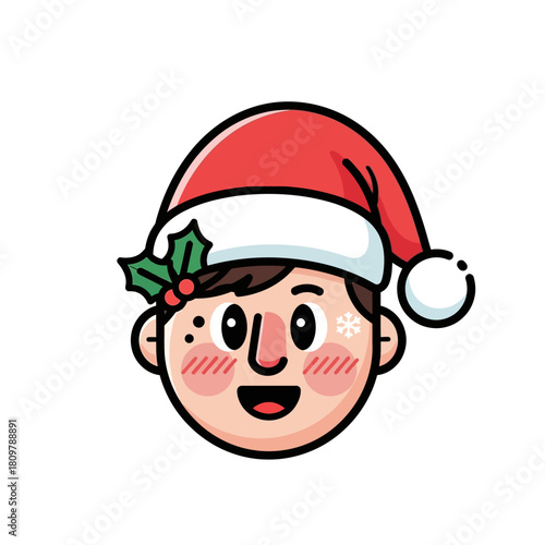 Festive cartoon character radiating holiday cheer, donning a Santa hat with holly and berries